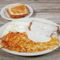 Love Me Tender · Chicken fried steak topped with creamy gravy, 2 eggs any style served with potatoes or hash ...