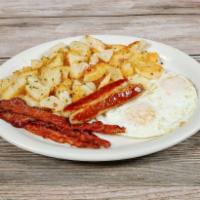 Soldier Boy · 2 eggs any style with choice of 4 sausage link or 4 slice of bacon, served with potatoes, ha...