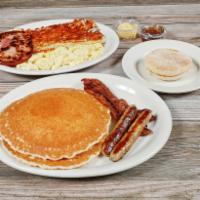 Breakfast Sampler · 2‎ eggs, 2 slices of bacon, 2 sausage link, 1 slice of ham, 2 pancakes, served with potatoes...