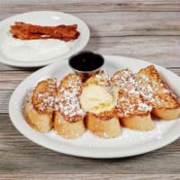 French Toast Combo · French‎ toast served with 2 eggs and 3 strips of bacon or sausage links.