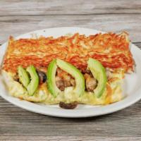 Veggie Cheese Omelet · Stuffed with sautéed onions, bell pepper, mushroom, tomatoes, and cheese topped with avocado