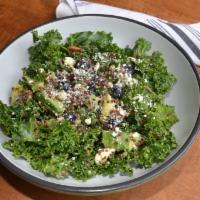 Blueberry Kale Salad · Goat cheese, toasted pecans, quinoa, avocado. Meyer lemon vinaigrette Gluten free. Vegetarian.