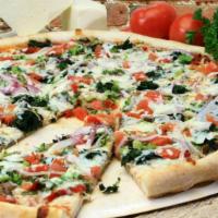 Large Florentine Pizza · Red sauce topped with mushrooms, broccoli, spinach, green peppers, onions and tomatoes with ...
