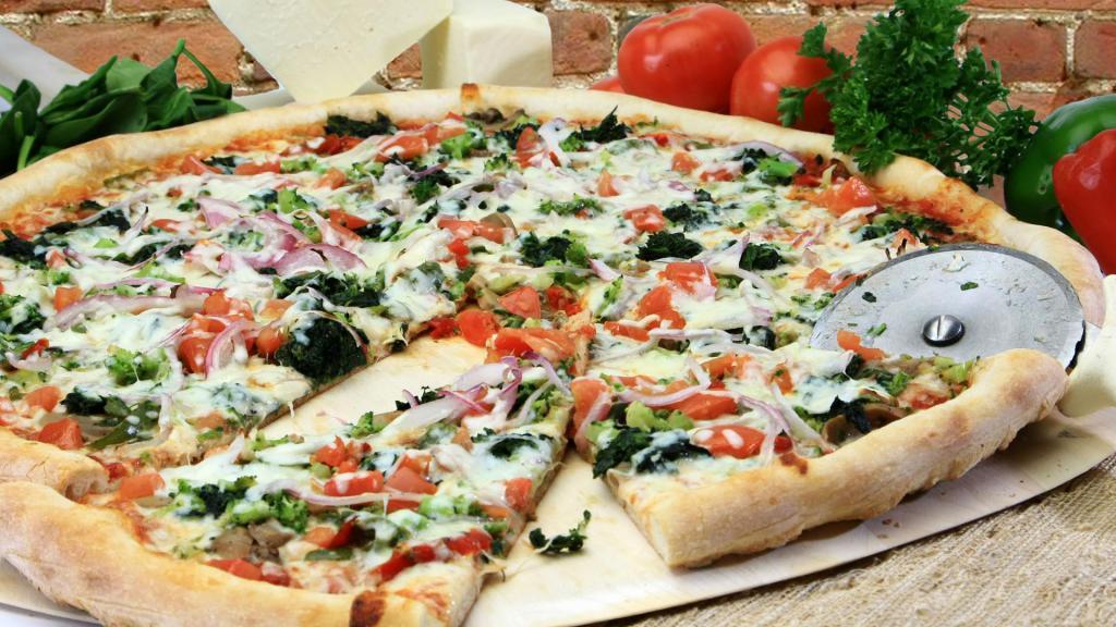 Large Florentine Pizza · Red sauce topped with mushrooms, broccoli, spinach, green peppers, onions and tomatoes with mozzarella and Romano cheeses.