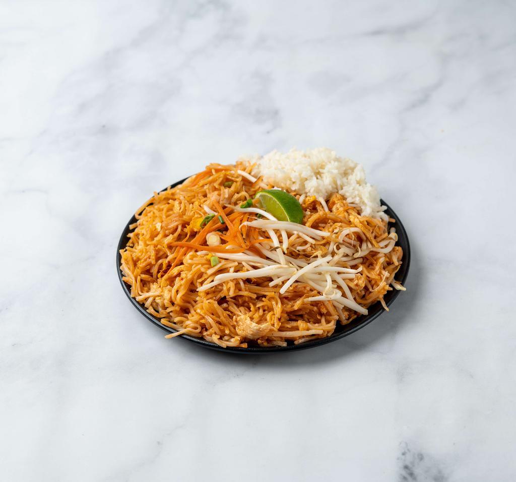 Pad Thai · Rice noodles stir-fried with egg, onions, ground peanuts, and bean sprouts.