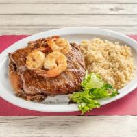 Churrasco with Shrimp · Churrasco con camaron. Skirt steak and shrimp served with rice and beans.