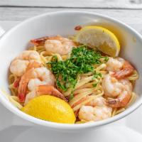 Shrimp Scampi · Shrimp with garlic, lemon, and sauce over pasta.