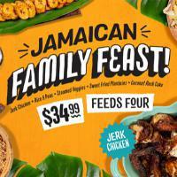 Family Feast Jerk Chicken · Savory, slow-roasted Jerk Chicken (with authentic Jamaican Jerk sauce to match), Rice and Pe...