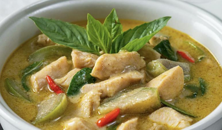 Green Curry chicken · Broccoli, eggplant,bell peppers, carrot and basil in coconut green curry sauce.