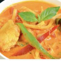 Red Curry Chicken · Broccoli, carrot, eggplant, bell pepper, and basil in coconut milk red curry sauce