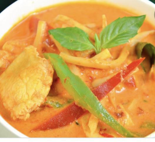 Red Curry Chicken · Broccoli, carrot, eggplant, bell pepper, and basil in coconut milk red curry sauce