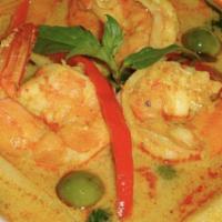 Red Curry Shrimp. · Broccoli, carrot, eggplant, bell pepper, and basil in coconut milk red curry sauce.