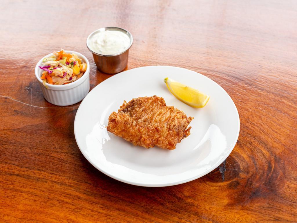 No chips, just our Pacific Cod, small slaw, lemon, tartar sauce · Wild, line-caught, hand-cut filets with our special cabbage slaw and pepperoncini tartar sauce. Gluten-free available. 