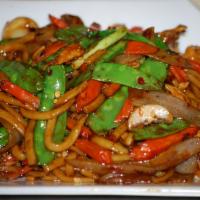 Korean Stir Fried Noodle · Healthy udon noodles stir fried with your choice of protein, shredded cabbage, onions, snow ...