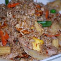 8 Treasure You Have To Find · Healthy brown rice stir fried with your choice of protein with eggs and sliced chicken toget...
