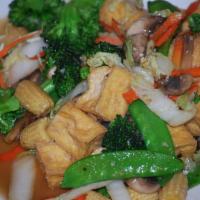 Buddhist Way of Light · Broccoli, cabbage, carrots, baby corns, mushrooms and snow peas stir fried with fried tofu i...