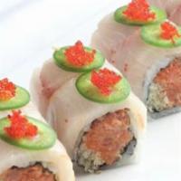 Serendipity Roll · Spicy tuna with crunch topped with yellowtail and jalapeno and tobiko.