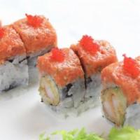 Volcano Roll · Shrimp tempura, cucumber with spicy tuna and tobiko.
