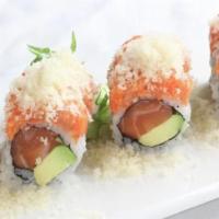Crazy Salmon Roll · Salmon and avocado inside, topped with spicy salmon and crunch.