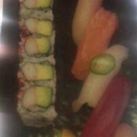 Sushi Sashimi Combo · California roll, 5 pieces sushi and 12 pieces sashimi.