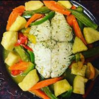 Steamed King Fish · Carrot, okra, and pumpkin.