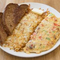 Veggie Omelette · Bell peppers, mushrooms, onions, tomatoes and cheese. Served with buttered toasts. Eggs are ...