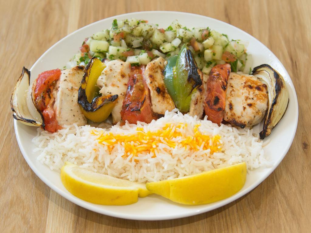 Large Chicken Breast Shish Kabob · Marinated and charbroiled. Includes 2 sides.