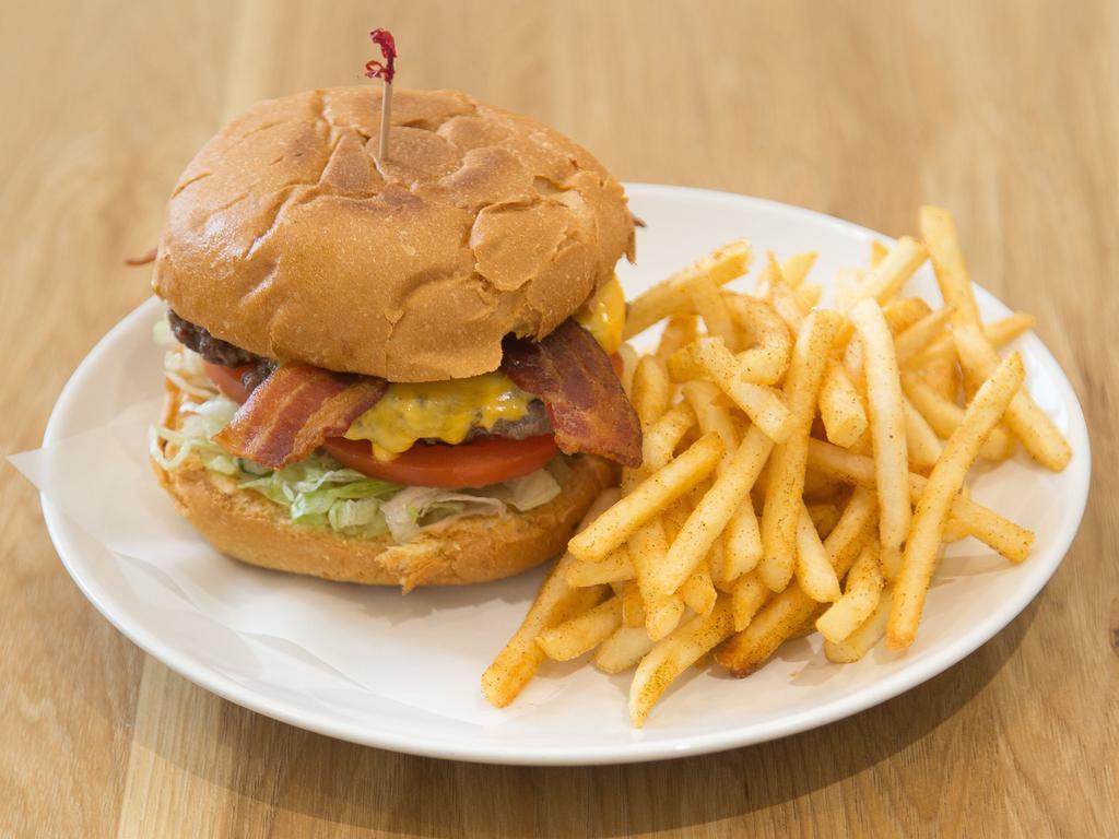 Bacon Cheeseburger · Includes lettuce, tomato and homemade 1000 Island and served with choice of fries or green salad.