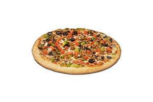 Vegetarian Sampler Pizza  · Smoked provolone cheese, fresh mushrooms, bell peppers, onions, black olives, green olives, and fresh diced tomatoes. Jalapenos upon request.