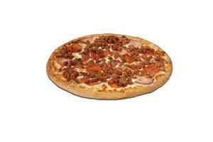 Meat Market Pizza · Smoked provolone cheese, pepperoni, mild sausage, burger, Canadian style bacon, and spicy It...