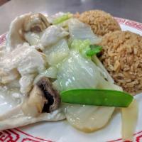 59. Moo Goo Gai Pan · Stir fried chicken and vegetables.