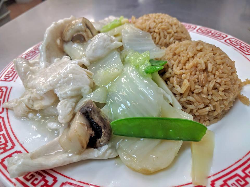 Moo Goo Gai Pan Combo Platter · Stir fried chicken and vegetable dish.