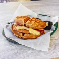Chicken and Waffle Sandwich · Breaded chicken breast, 2 eggs, cheese, 2 slices of bacon, and homemade Belgian waffle, and ...