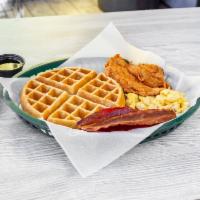 Breakfast Platter · Breaded chicken breast, 3 eggs, 2 slices of bacon, a homemade Belgian waffle, tots or fries,...