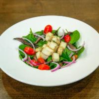 Grilled Halloumi Salad · Baby spinach base, portobello mushrooms, sweet potatoes, cherry tomatoes, red onions sauteed...