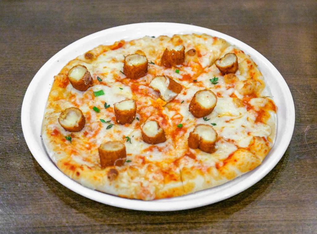 Mozzarella Sticks Pizza · Homemade pizza sauce, mozzarella cheese, homemade mozzarella sticks