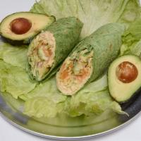 Hummus Veggie Wrap · Rich hummus, avocado, carrot, tomato, red onions, spinach, served on a wheat wrap