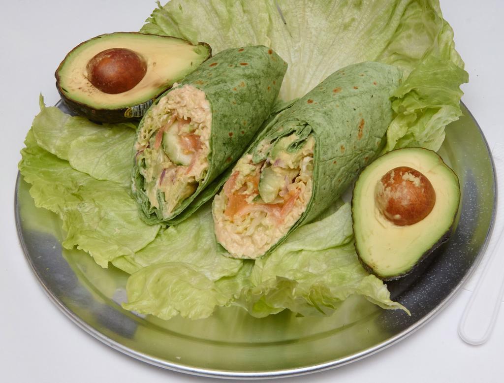 Hummus Veggie Wrap · Rich hummus, avocado, carrot, tomato, red onions, spinach, served on a wheat wrap