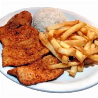 Milanesa de Pollo · Breaded chicken breast served with rice and french fries.