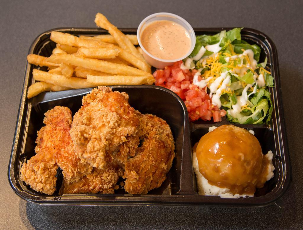 3 in 1 Chicken Bento Box Special · 3 chicken tenders, 1 side, and 1 house salad.