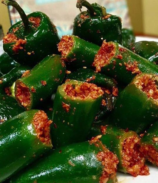 Makdous Peppers (Vegan and GF) · Jalapeno & poblano peppers, stuffed with walnuts, red pepper & spicy harissa.