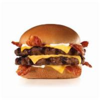 Monster Thickburger® (2/3lb) · Two 1/3lb char-broiled 100% black Angus beef patties, four strips of bacon, three slices of ...
