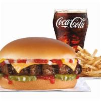 1/3lb Cheeseburger Combo · A 1/3lb char-broiled 100% black Angus beef patty, American cheese, onion, ketchup, mustard, ...