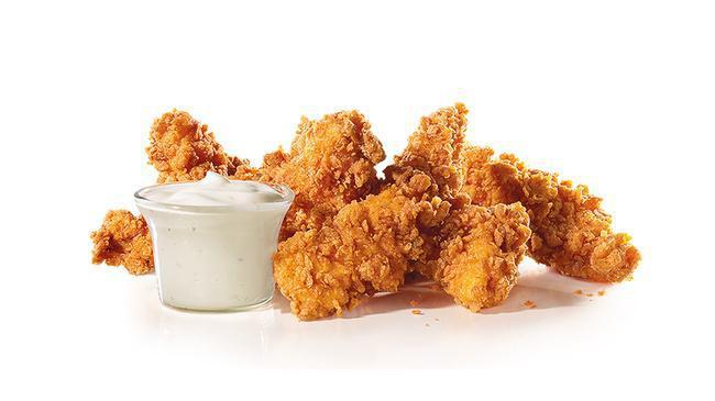 Tenders (5 Pieces) · Premium, all-white meat chicken, hand dipped in buttermilk, lightly breaded, and fried to a golden brown. Served with a choice of buttermilk herd ranch, honey mustard, smoky BBQ, honeyQ, and buffalo dipping sauces.
