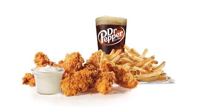 5 Pieces Tenders Combo · Premium, all-white meat chicken, hand dipped in buttermilk, lightly breaded, and fried to a golden brown. Served with a choice of buttermilk herd ranch, honey mustard, smoky BBQ, honeyQ, and buffalo dipping sauces.