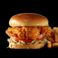 Buffalo Chicken Sandwich  · Fried chicken breast with lettuce, tomato and onion a toasted bun.