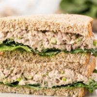 Tuna Salad Club Sandwich · Fresh white albacore tuna salad loaded with bacon, lettuce and tomato.