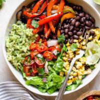 Ultimate Buddha Veg Rice Bowl  · Lime rice and grilled onion, banana, pepper, olives avocado, black beans, corn and onion sal...