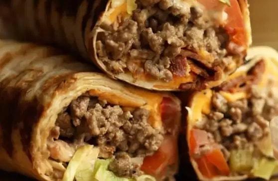 Chopped Cheeseburger Wrap · Chopped lean ground beef, onion, salt, pepper, mayonnaise, ketchup, and Sriracha hot sauce, cheese, lettuce, tomato in a wrap.
