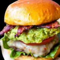 Bacon Guacamole Burger  · Signature beef patty stacked with smoked bacon, guacamole, pepper jack cheese, lettuce, toma...